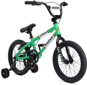 Green Youth B M X Bike With Training Wheels PNG image