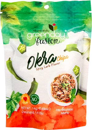 Greenday Fusion Okra Chips Spicy Larb Flavor Package PNG image