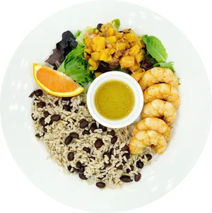 Grilled Shrimp Rice Beans Salad Plate PNG image