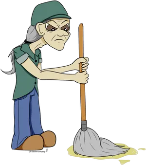 Grumpy Cartoon Janitor Cleaning Spill PNG image