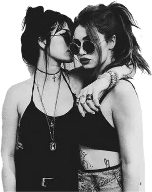 Grunge Fashion Friends Embrace PNG image