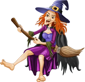 Halloween Witch Cartoon Flying Broomstick PNG image