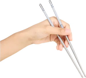 Hand Holding Metal Chopsticks PNG