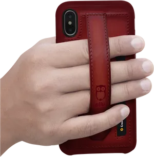 Hand Holding Red Leather Phone Case PNG image