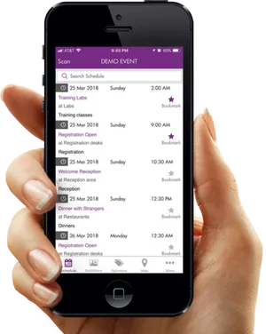 Hand Holding Smartphone Event Schedule Display PNG