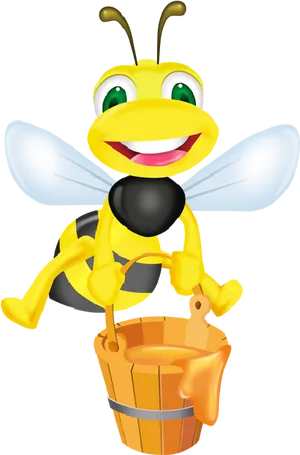 Happy Bee With Honey Bucket PNG image