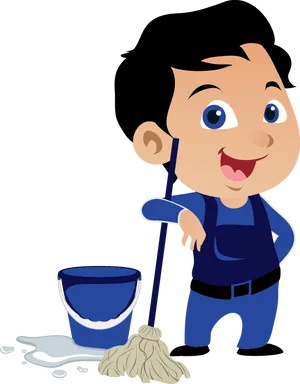 Happy Boy Cleaning With Mopand Bucket PNG image
