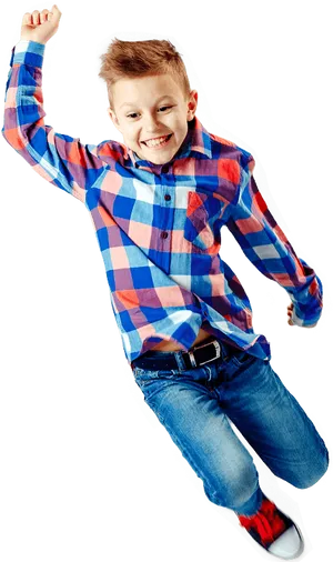 Happy Boy Jumping In Plaid Shirt PNG image