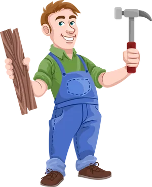 Happy Carpenter With Hammerand Wood PNG image