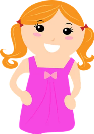 Happy Cartoon Girlin Pink Dress