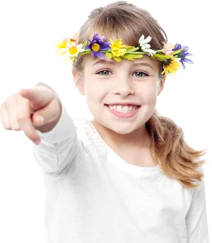 Happy Child Pointing With Flower Crown PNG image