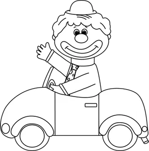 Happy Clown Driving Car Line Art