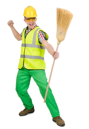 Happy Janitor With Broomand Hard Hat PNG image