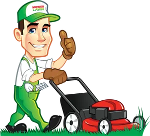 Happy Lawn Care Professionalwith Mower PNG image