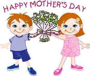 Happy Mothers Day Cartoon Children Bouquet PNG image