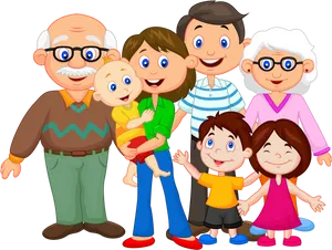Happy Multigenerational Family Cartoon PNG image