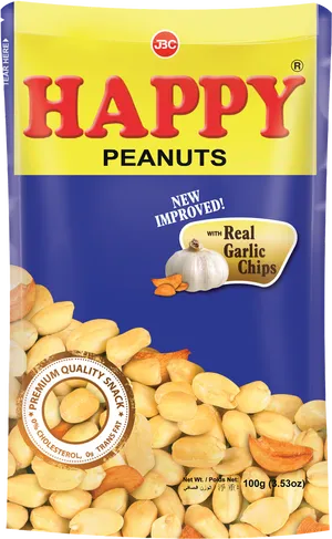 Happy Peanuts Garlic Chips Packaging PNG image