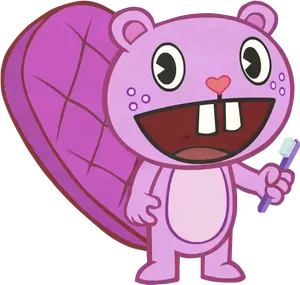 Happy Pink Cartoon Character With Toothbrush PNG image