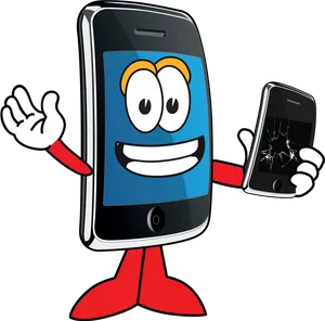 Happy Smartphone Cartoon Holding Cracked Phone PNG image