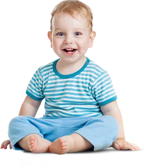 Happy Toddler Sitting Smiling Striped Shirt PNG