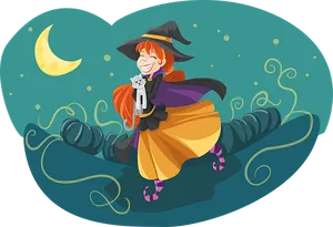 Happy Witchand Caton Broomstick