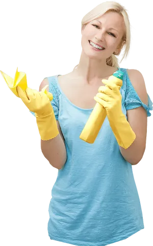 Happy Woman Cleaning Supplies PNG image