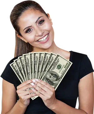 Happy Woman Holding Cash PNG image