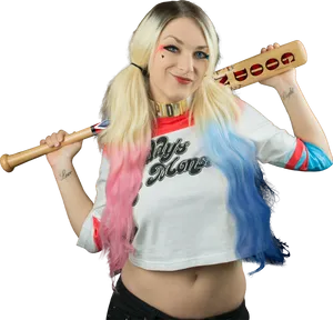 Harley Quinn Cosplaywith Bat PNG image