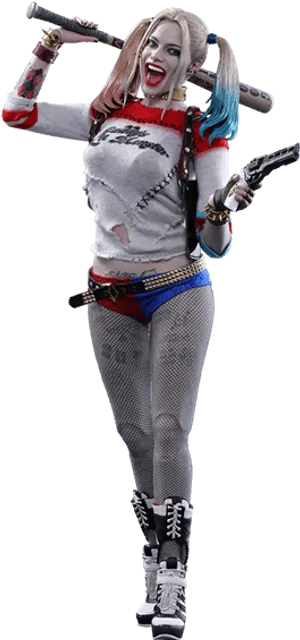 Harley Quinn Cosplaywith Batand Gun PNG image