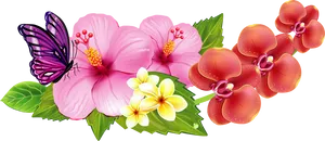 Hawaiian_ Flowers_and_ Butterfly PNG image