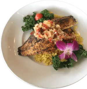 Herb Crusted Fried Fishwith Riceand Vegetables PNG image