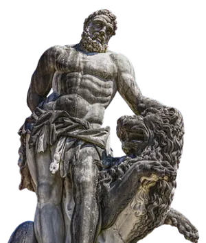 Heroic Figureand Lion Statue PNG image