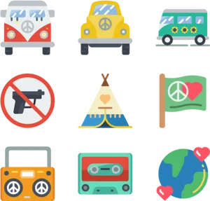 Hippie Culture Icons Set PNG image