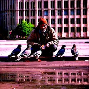 Homeless Man And Pigeons PNG 32