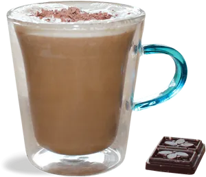 Hot Chocolate Glass Mugwith Chocolate Piece PNG image