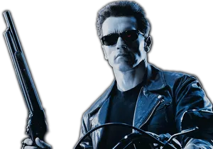 Iconic Action Movie Characterwith Sunglassesand Shotgun PNG image