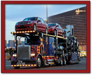 Illuminated Car Transporter Truck Evening PNG