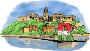 Illustrated Riverfront Cityscape PNG image