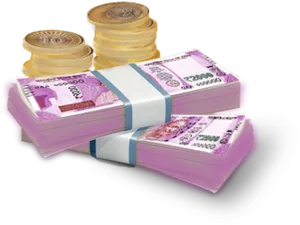 Indian Currency Bundlesand Coins PNG image