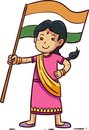 Indian Girl Holding Flag Cartoon PNG image