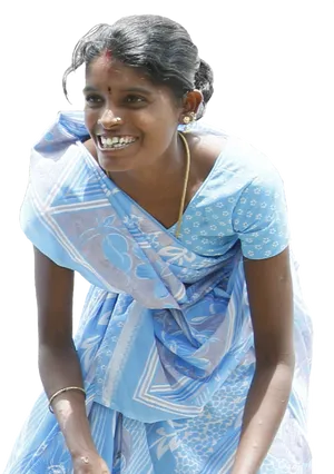 Indian Girlin Blue Sari Smiling PNG