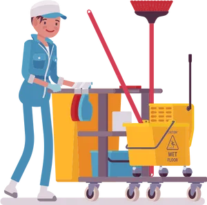 Janitorwith Cleaning Cart Illustration PNG image