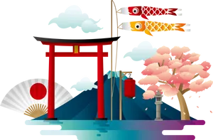 Japanese Cultural Symbolswith Mount Fuji Background PNG image