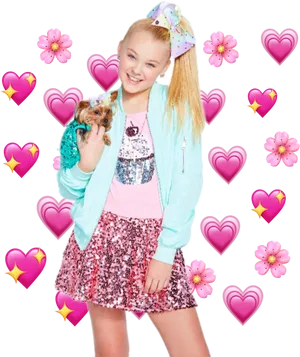 Jojo_ Siwa_ Holding_ Puppy_ Surrounded_by_ Hearts_and_ Flowers PNG image