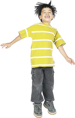 Joyful Boy Jumping In Striped Shirt PNG image