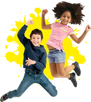Joyful Kids Jumping Against Yellow Splash Background PNG image