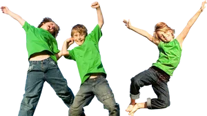 Joyful Kids Jumping In Green Shirts PNG image