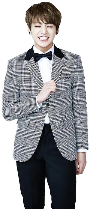 Jungkook Smilingin Checkered Suit PNG image