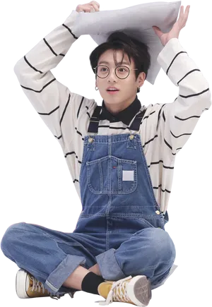 Jungkookin Striped Shirtand Denim Overalls PNG