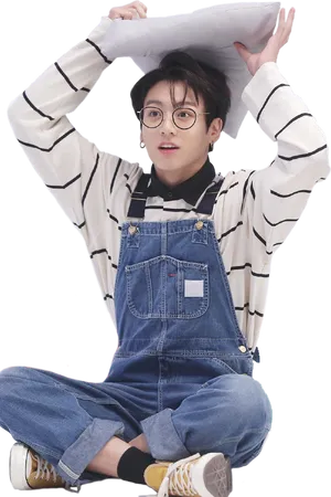 Jungkookin Striped Shirtand Denim Overalls PNG